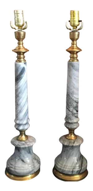 Mid-Century Grey Marble Table Lamps - Set of 2