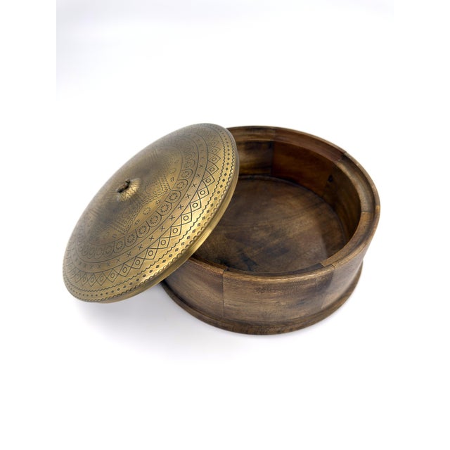 Handcrafted Indian Mango Wood Round Box With Stunning Etched Brass Lid For Sale - Image 9 of 9