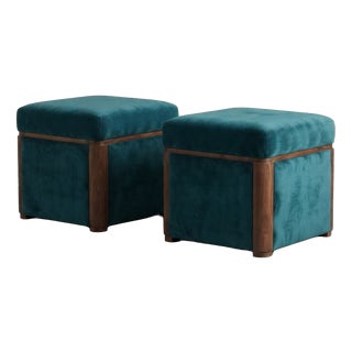 Hungarian Art Deco Ottomans in Teal Blue Velvet with Wooden Frames, 1930s, Set of 2 For Sale