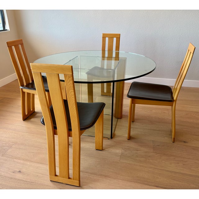 1980s Vintage Italian Glass Table With a Set of 4 Wood and Brown Leather Chairs in the Style of Pietro Costantini For Sale - Image 13 of 18