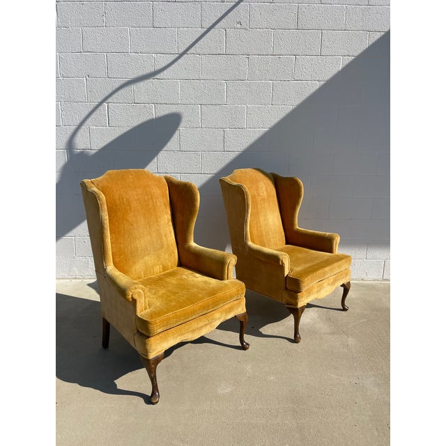 Queen Anne Pair of Vintage Queen Anne Style Wingback Chairs For Sale - Image 3 of 13
