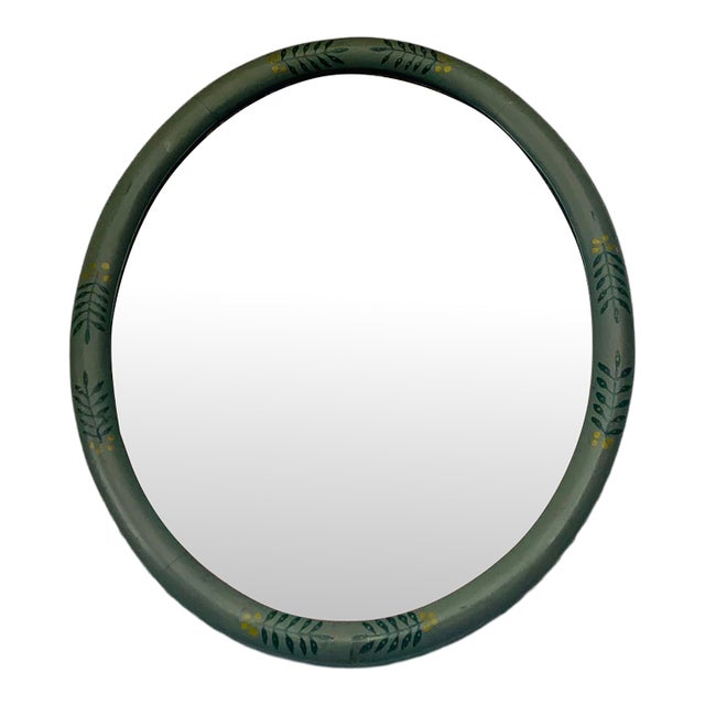 Vintage 1930s Beveled Oval Mirror Hand Painted Naive Folk Art Frame For Sale