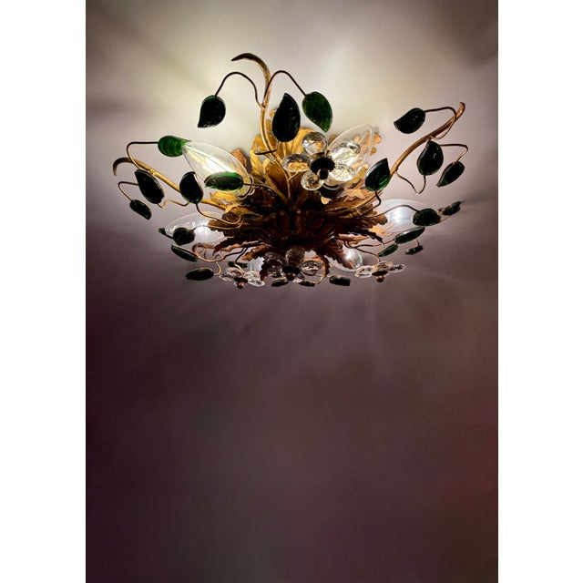 Ceiling or Wall Lamp in Gilded Metal with Murano Glass Leaves and Flowers from Banci Firenze, Italy, 1960s For Sale - Image 6 of 8