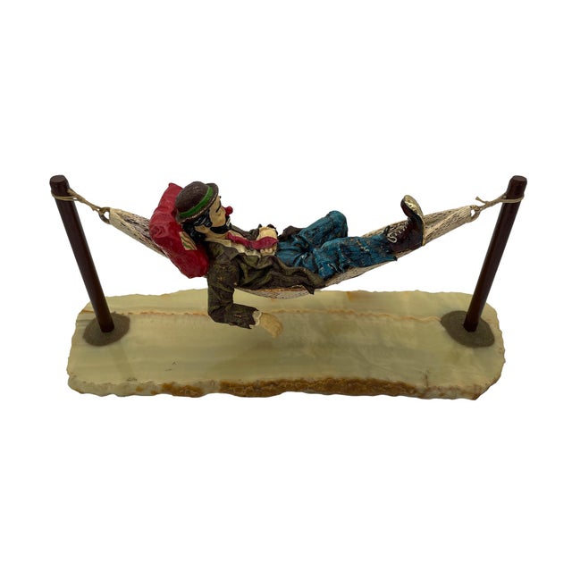 Wood Signed Ron Lee Hobo Clown Resting in Hammock Sculpture on Natural Onyx Base, 1988 For Sale - Image 7 of 18