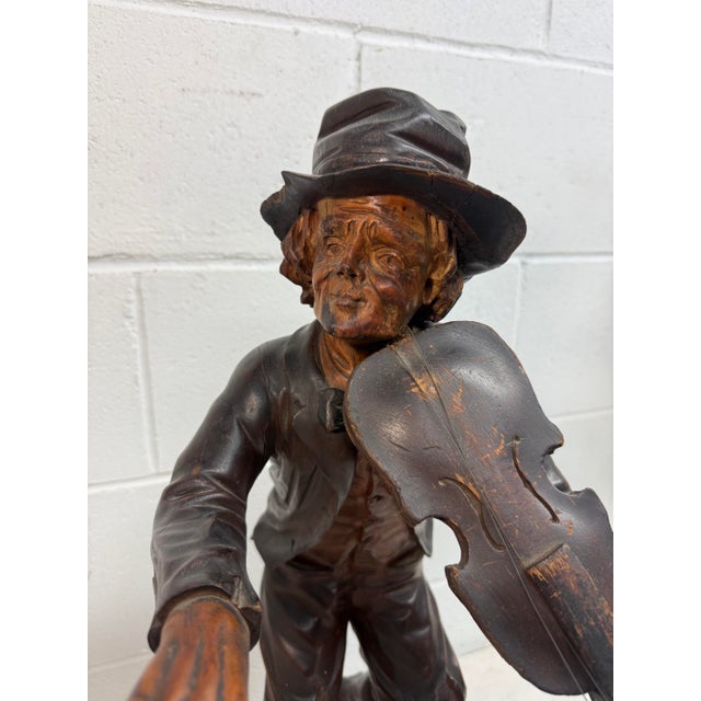 Large Antique European 1800's Carved Wood Fiddler Violinist Sculpture Statue Music For Sale - Image 12 of 18