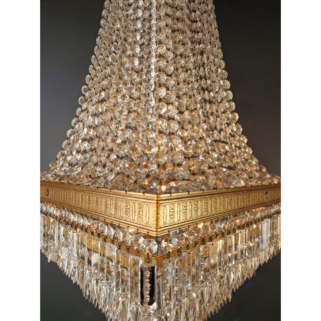 1930s Antique Art Deco Crystal Chandelier Brass Tiered Square Design Restored For Sale - Image 5 of 8