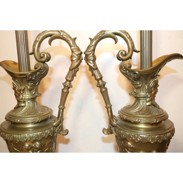 Huge Pair of 1800's Antique Gilt Bronze Figural Cherub Ewer Urn Vase Table Lamps For Sale - Image 11 of 12