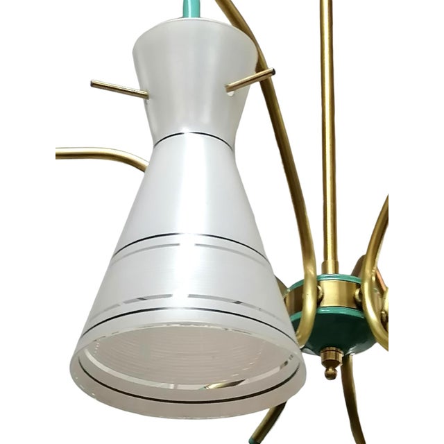 Stilnovo Brass Suspension Chandelier with Tapered Shapes and Frosted Glass Diffusers attributed to Stilnovo, 1950s For Sale - Image 4 of 6