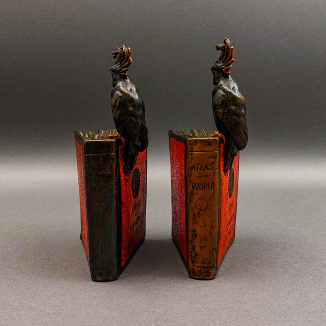 Mid 20th Century Pompeian Bronze Co. Antique Atlas of the World Cockatoo Parrot Bookend Set of 2 For Sale - Image 5 of 8