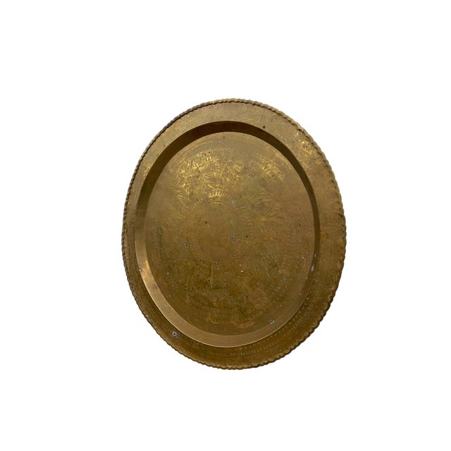 Metal Large Decorative Engraved Brass-Toned Tray With Scalloped Edge and Figural Motifs For Sale - Image 7 of 9