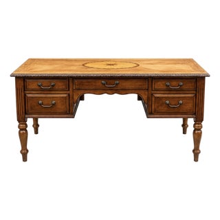Late 20th Century Compass Star Parquetry Oak Executive Desk With Keyboard Drawer & Carved Rope Edge For Sale