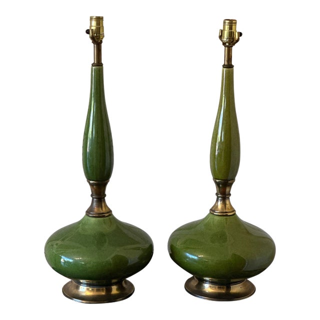 Mid Century Green Porcelain Table Lamps. A-Pair For Sale