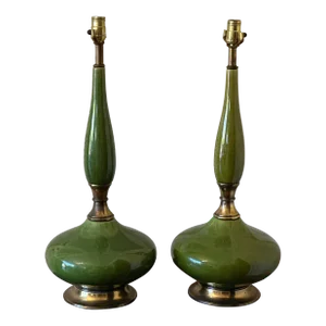 Mid Century Green Porcelain Table Lamps. A-Pair