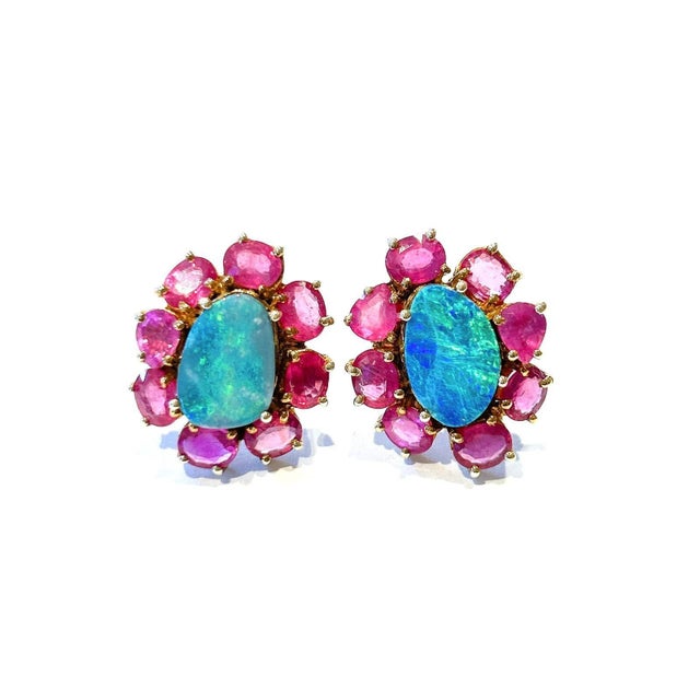 Bochic “Capri” Vintage Opal & Multi Ruby Earrings Set In 18K Gold & Silver For Sale In New York - Image 6 of 6