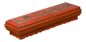 Chinese Qing Dynasty Red Lacquered Scroll Box with Distressed Gold Chinoiserie