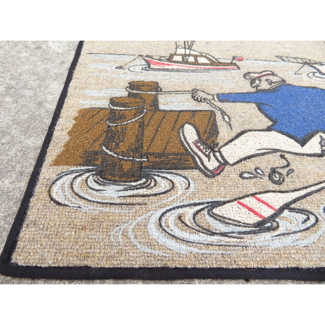 American Vintage Signed "Mermade" Fisherman Boat Painting on Hook Latch Rug ~ Nantucket Art For Sale - Image 3 of 11