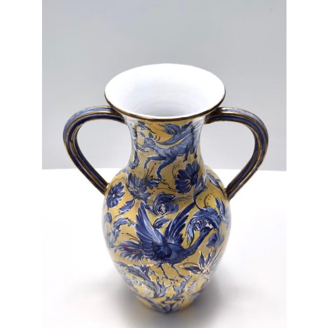 1950s Vintage Handmade Yellow and Blue Glazed Ceramic Amphora Vase by Zulimo Aretini, Italy, 1950s For Sale - Image 5 of 15