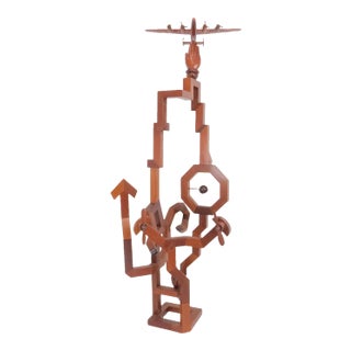 Vintage Hand Carved Solid Mahogany Aviation Theme Abstract Floor Sculpture - Signed & Dated 1996 For Sale