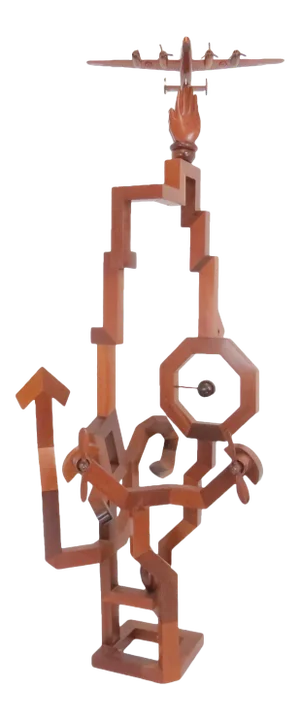 Vintage Hand Carved Solid Mahogany Aviation Theme Abstract Floor Sculpture - Signed & Dated 1996