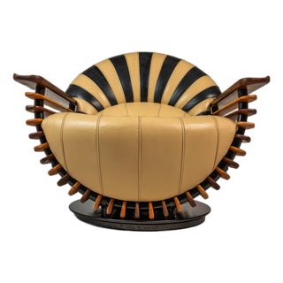 Rare Art Deco Organic Modern "Luxor" Armchair / Lounge Chair in Leather, Spruce & Palmwood Attributed to Pacific Green, Australia, C. 2000s For Sale