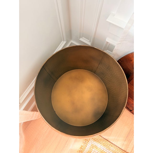 Early 21st Century Vintage Brass Clad Drum Storage Coffee Table With Heavy Wood Top For Sale - Image 5 of 5