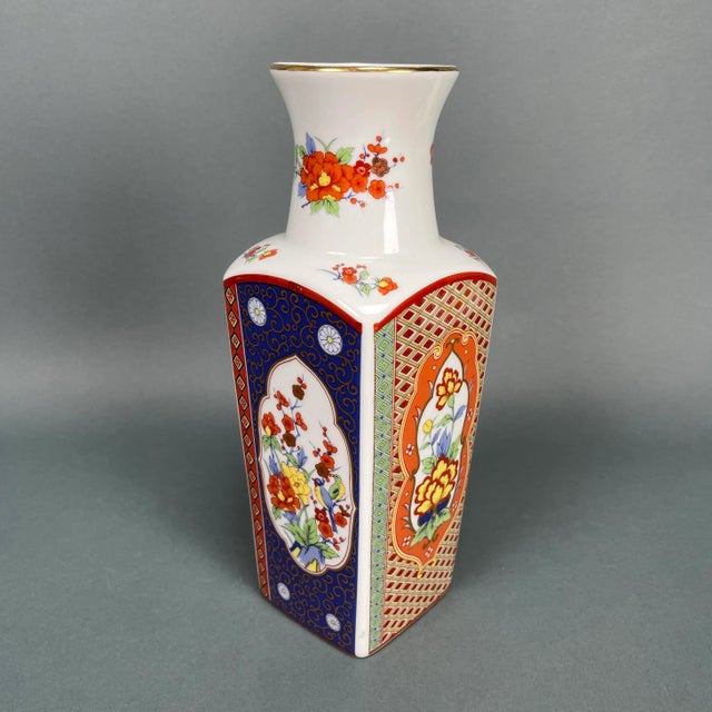 Imari Porcelain Vintage Imari Porcelain Gilded Vase with Vibrant Flowers Birds Four Sided Japan For Sale - Image 4 of 13