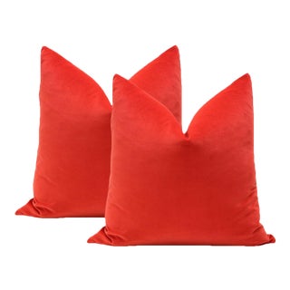 22" Vermillion Red Velvet Pillows - A Pair For Sale
