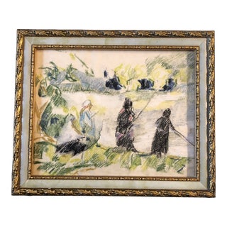 1950’s Vintage Impressionist Pastel Drawing Victorians Fishing Vintage Frame For Sale