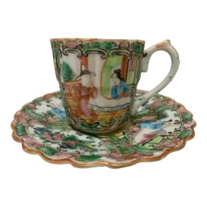 Early 19th Century Lobed Chinese Famille Rose Medallion Demitasse Eggshell Tea Cup & Saucer Set