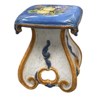 Vintage Italian Majolica Hand-Painted Ceramic Fruit Stool & Side Table For Sale