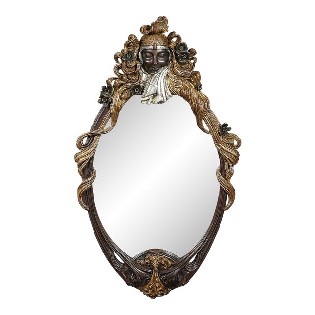 Art Deco Carved Sculptural Flapper Mirror in Limewood, Plaster Appliques & Gilt For Sale