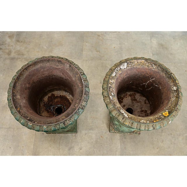 French Pair of 19th Century Cast Iron Urn Planters For Sale - Image 10 of 14