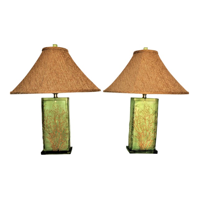 Contemporary Pair Lucite Block Shape Translucent Lamps With Carved Coral Design For Sale