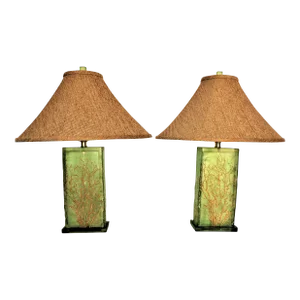 Contemporary Pair Lucite Block Shape Translucent Lamps With Carved Coral Design