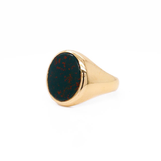 Metal Vintage 14k Gold & Bloodstone Cabochon Signet Ring by Jones & Woodland For Sale - Image 7 of 12