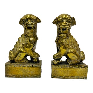 Mid Century Heavy Cast Brass Foo Dog Bookends - a Pair For Sale