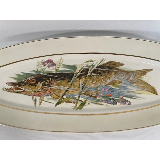 A stunning elongated 24.5" oval shaped ceramic Longchamp serving platter displaying a handsome game fish. Circa Late 19th...