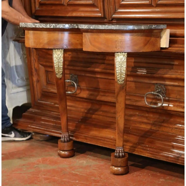 Mid 19th Century Pair of Early 19th Century French Empire Walnut and Marble Top Wall Consoles For Sale - Image 5 of 13