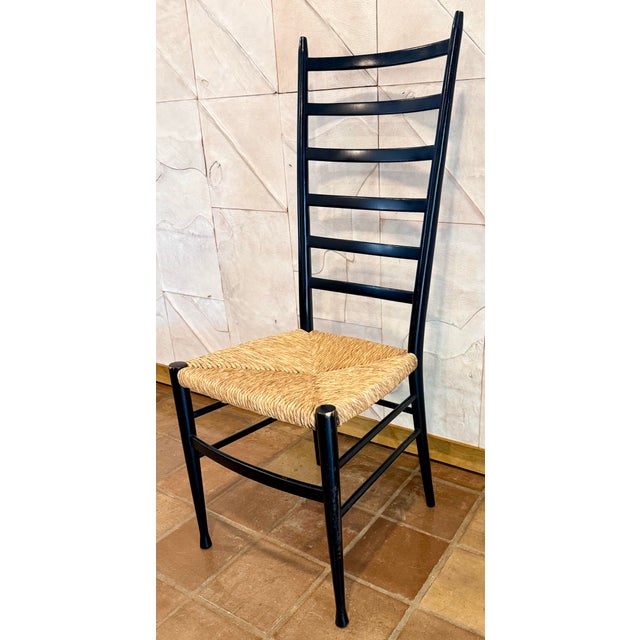 Mid-Century Modern Mid-Century Modern Italian High-Back Black Side, Office Chair With a Rush Seat in the Iconic Style of Italian Designer Gio Ponti For Sale - Image 3 of 12