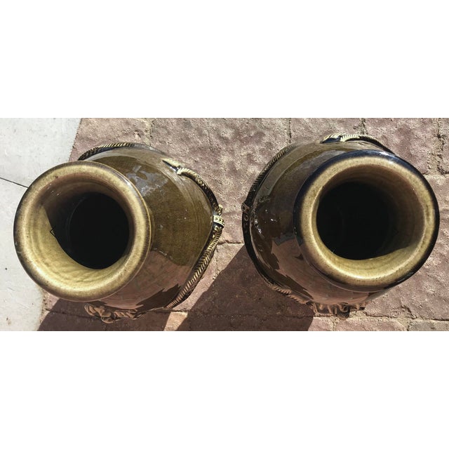 Army Green Large Asian Mid-Century Dragon Vases - a Pair For Sale - Image 8 of 9
