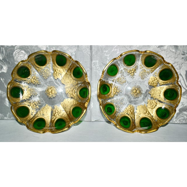 Vintage Pair of Bohemian Moser Style Dishes Etched Emerald & Gold Glass For Sale - Image 4 of 13