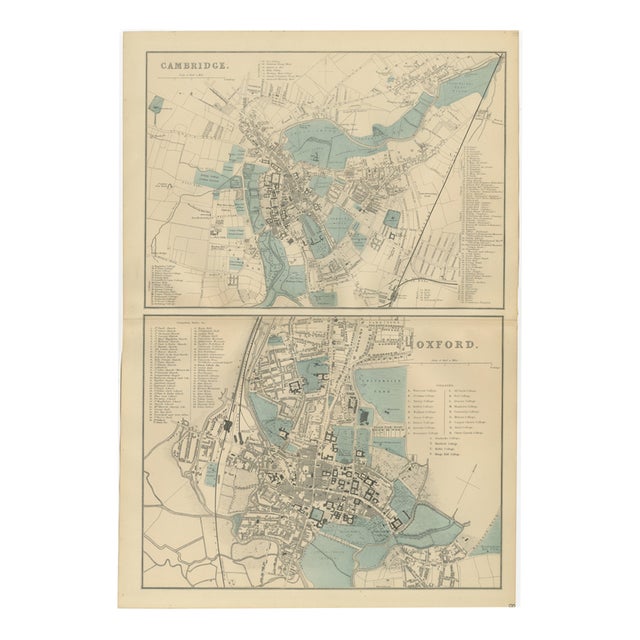 Map of Cambridge and Oxford with Victorian University City Plans, 1885 For Sale