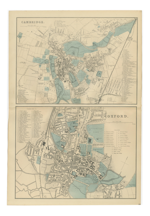 Map of Cambridge and Oxford with Victorian University City Plans, 1885