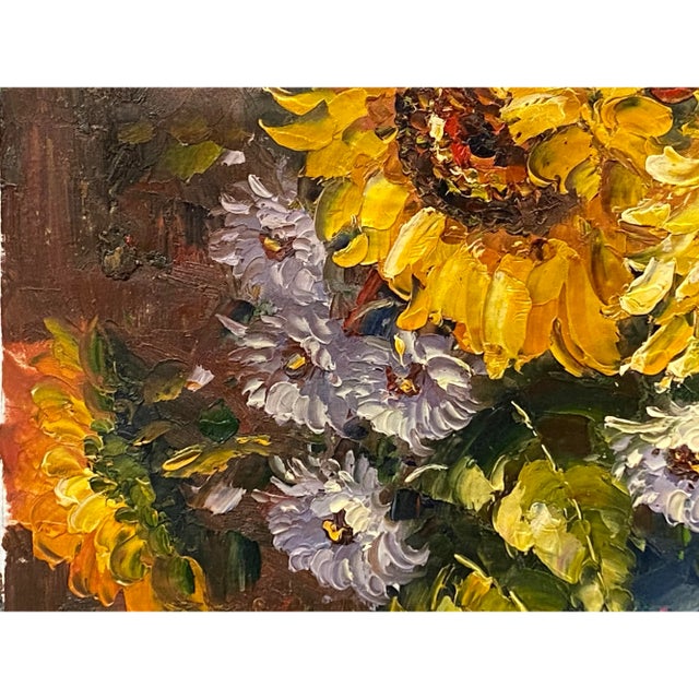 Art Deco Impasto Oil Paint Canvas Art Sunflowers Blue Vase Scroll Painting For Sale - Image 3 of 9