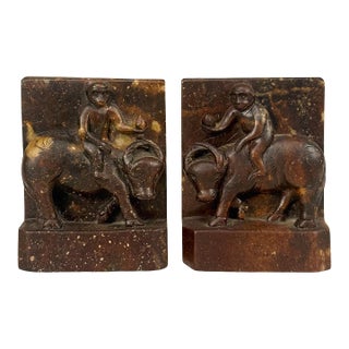 Antique Chinese Soapstone Monkey Riding Buffalo Library Bookends - A Pair For Sale
