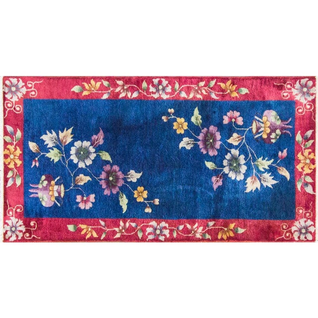 The materials are from vegetable dyes wool pile over cotton foundation. The pattern is floral in deco style. This...