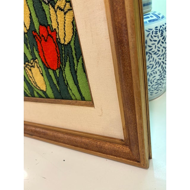 Vintage Framed Tulip Needlepoint Textile Art Scandinavian Modern Solid Wood Frame For Sale - Image 9 of 12