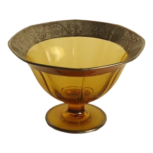1940s Depression Glass Amber Glass Bowl With Cornflower Arts & Crafts Silver Overlay Edge