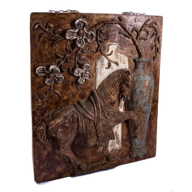 Metal Late 20th Century Cast Plaster and Fiberglass Tang Horse and Floral Wall Sculpture For Sale - Image 7 of 13