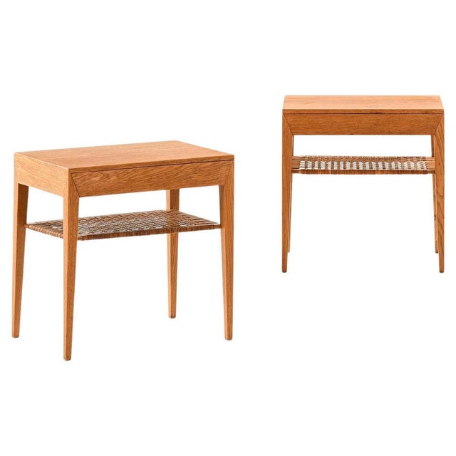 These rare freestanding bedside or side tables, designed by severin hansen and produced by haslev møbelsnedkeri in denmark...